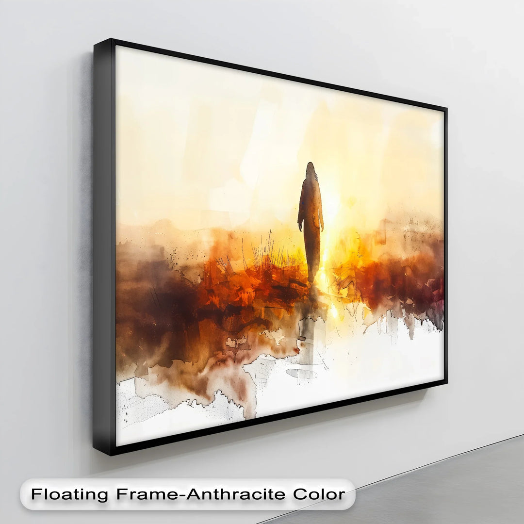 He Walks in Light – Silhouette of Christ in Golden Landscape Canvas Print