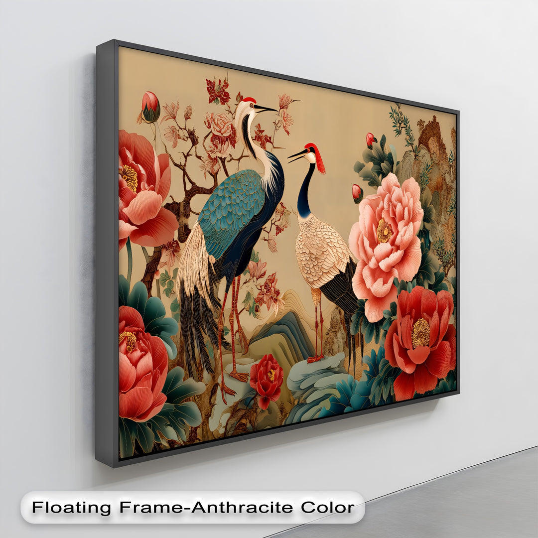 Cranes and Peonies Oriental - Canvas Wall Art | Large Canvas
