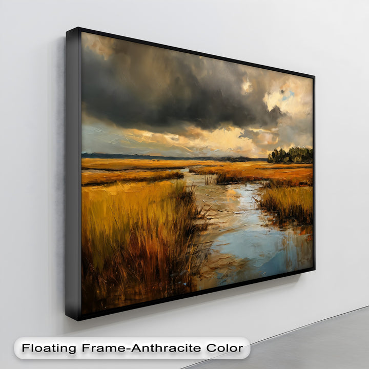 Golden hues define this landscape canvas print of a marsh and dramatic storm clouds, showcasing an exquisite canvas painting with a floating anthracite frame.
