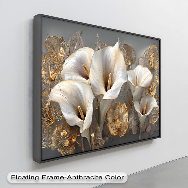 White Calla Lilies with Gold Leaves - Canvas Print