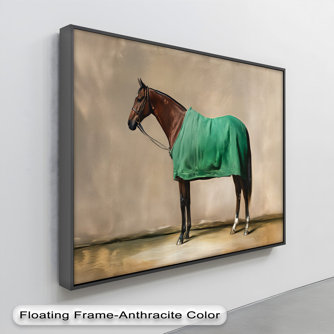 Poised Champion – Racehorse Draped in Green Blanket Canvas Print