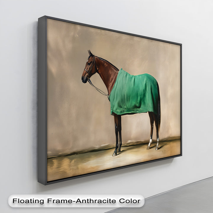Poised Champion – Racehorse Draped in Green Blanket Canvas Print