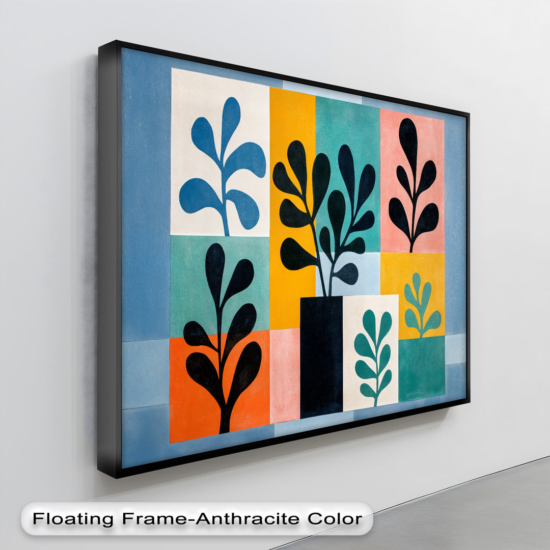 Geometric plant shapes form the loudest element in this mid century botanical canvas artwork, a modern canvas print featuring colorful panels.