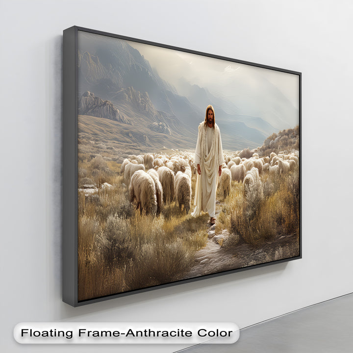 Jesus with Sheep in Mountain Valley - Religious Canvas Print