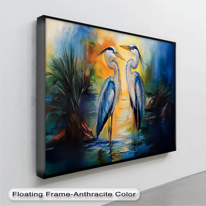 Twin Grace – Elegant Blue Herons at Sunset Canvas Wall Art - MyPhotoStation