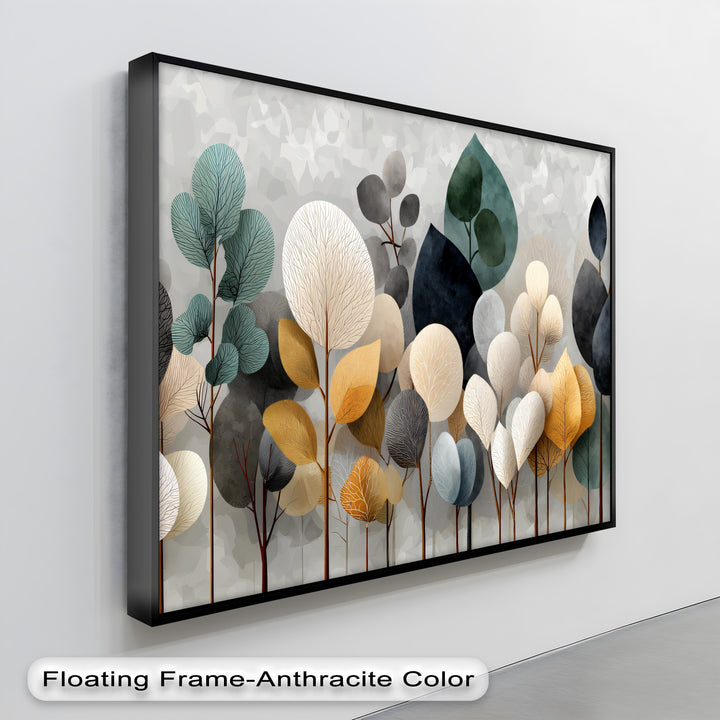 Subtle light and shadow play across this minimalist abstract forest canvas artwork, highlighting the depth and texture of the modern botanical tree wall art.