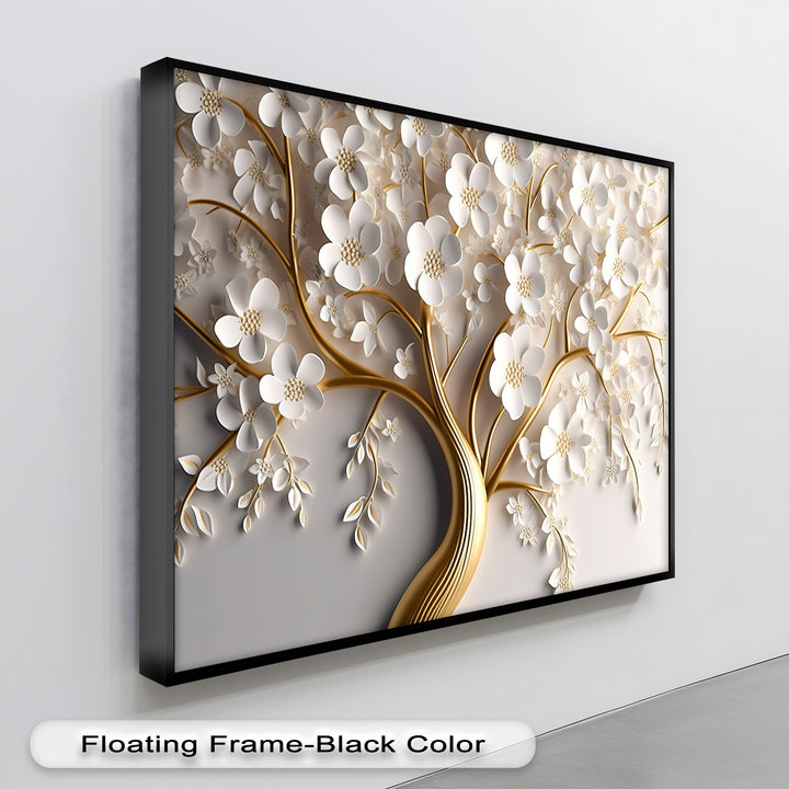 The background of this elegant white blossom tree canvas pictures features soft, muted cream and beige hues with subtle textural depth.
