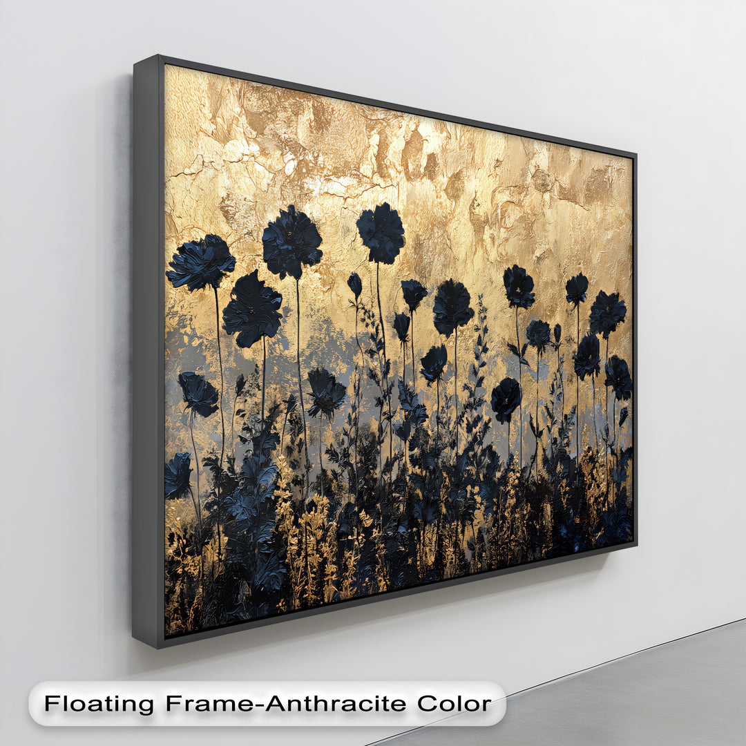 Golden Twilight Meadow – Black Floral Silhouette Canvas Print