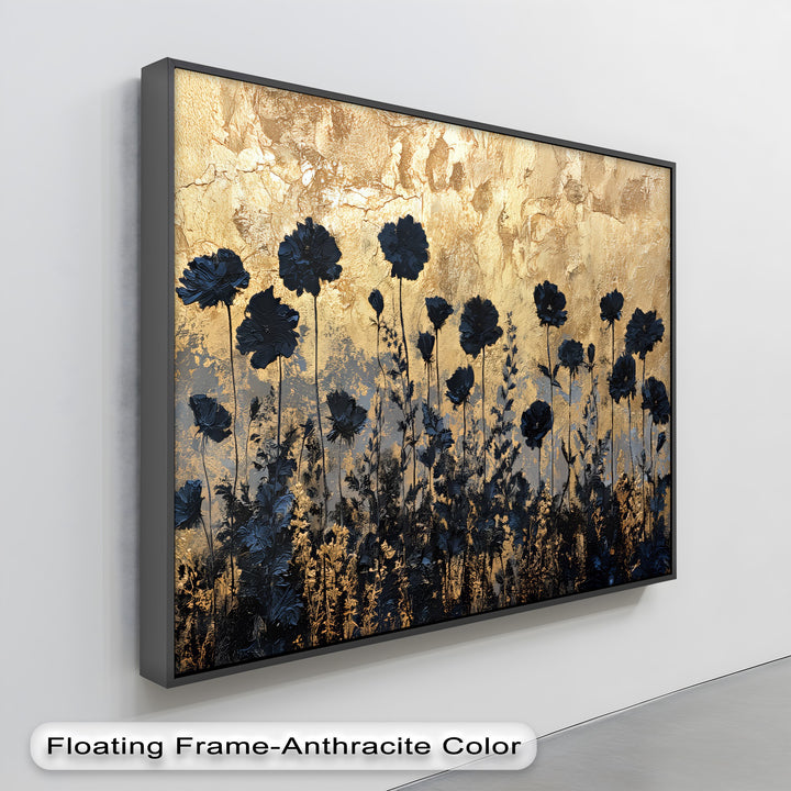 Golden Twilight Meadow – Black Floral Silhouette Canvas Print