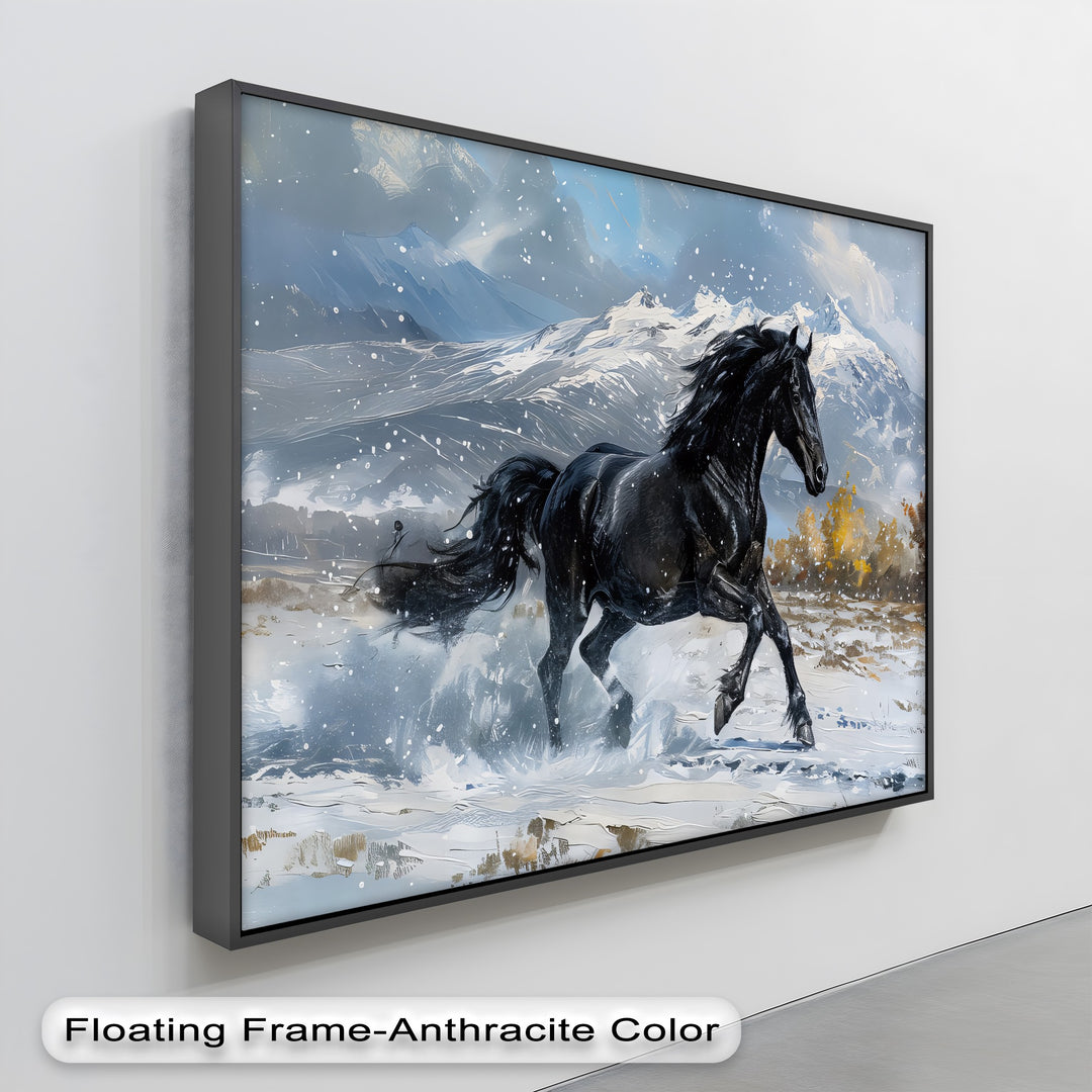 Galloping Black Stallion in Snowy Mountains - Horse Canvas Print