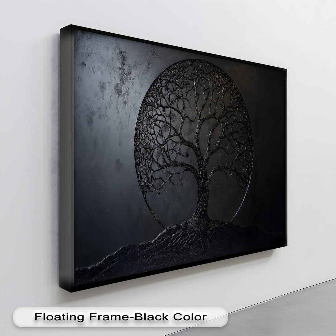 The robust material quality of this unique canvas print showcases an intricately textured, dark Tree of Life design.