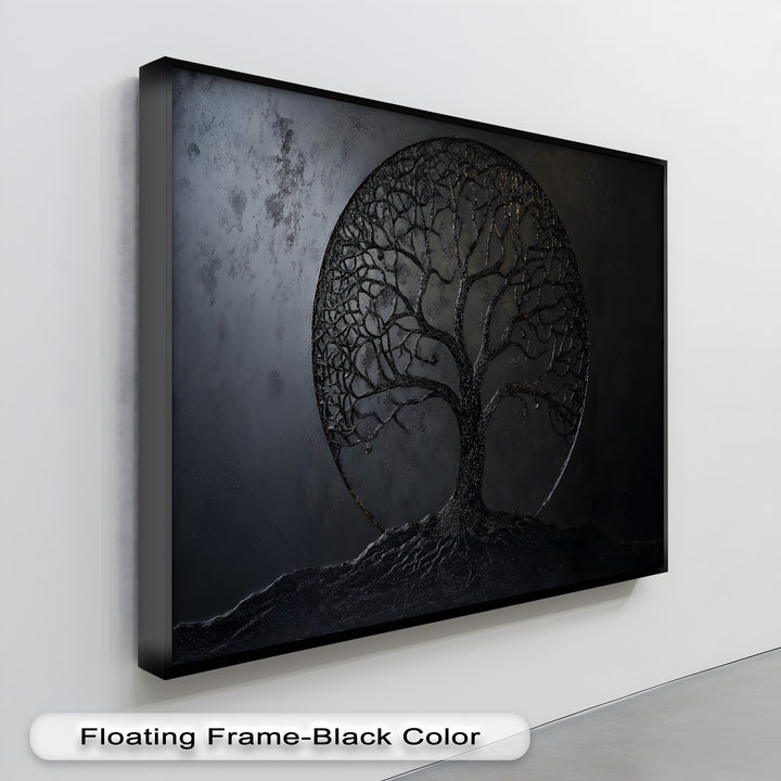The robust material quality of this unique canvas print showcases an intricately textured, dark Tree of Life design.