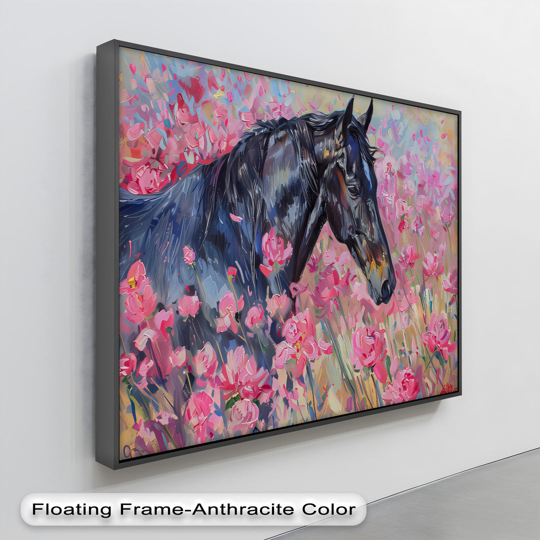 Blossom Drift – Black Horse in Pink Field Canvas Print