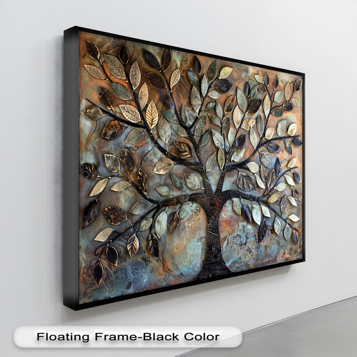 This Tree of Life canvas painting exemplifies superior material quality through its sculptural, layered metallic-sheen leaves.