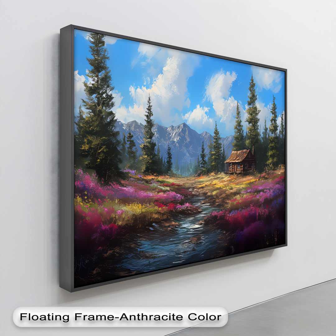 Tranquil Wilderness Cabin – Colorful Mountain Meadow Canvas Print