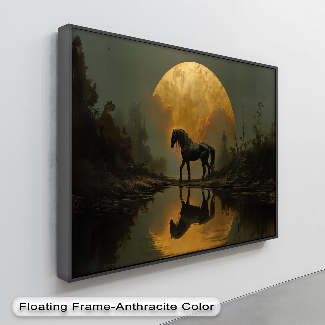 Eclipse Majesty – Black Horse Under a Golden Moon Canvas Print