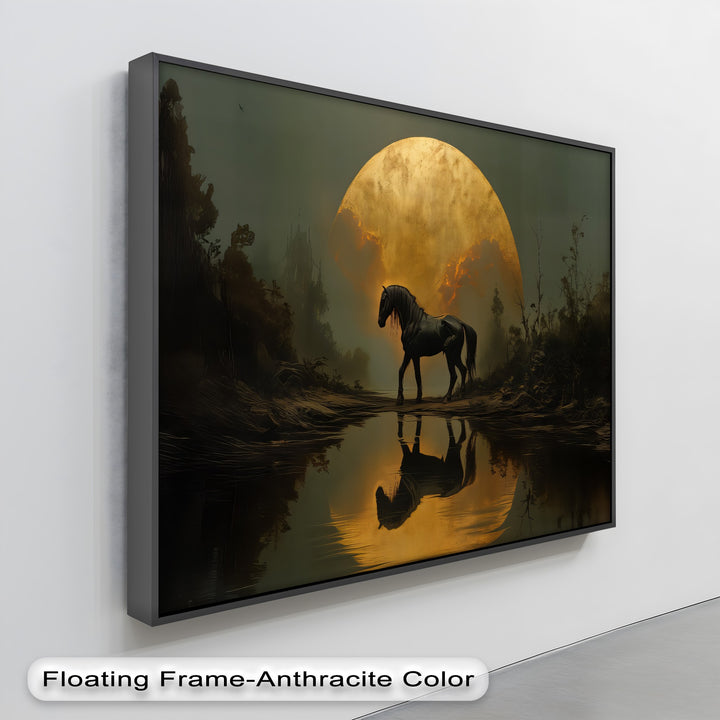 Eclipse Majesty – Black Horse Under a Golden Moon Canvas Print