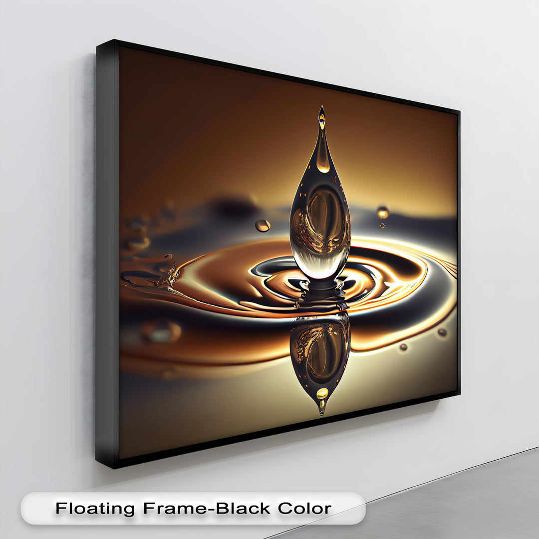 The finish of this hanging canvas emphasizes the glossy golden water drop and captivating abstract ripple wall art.