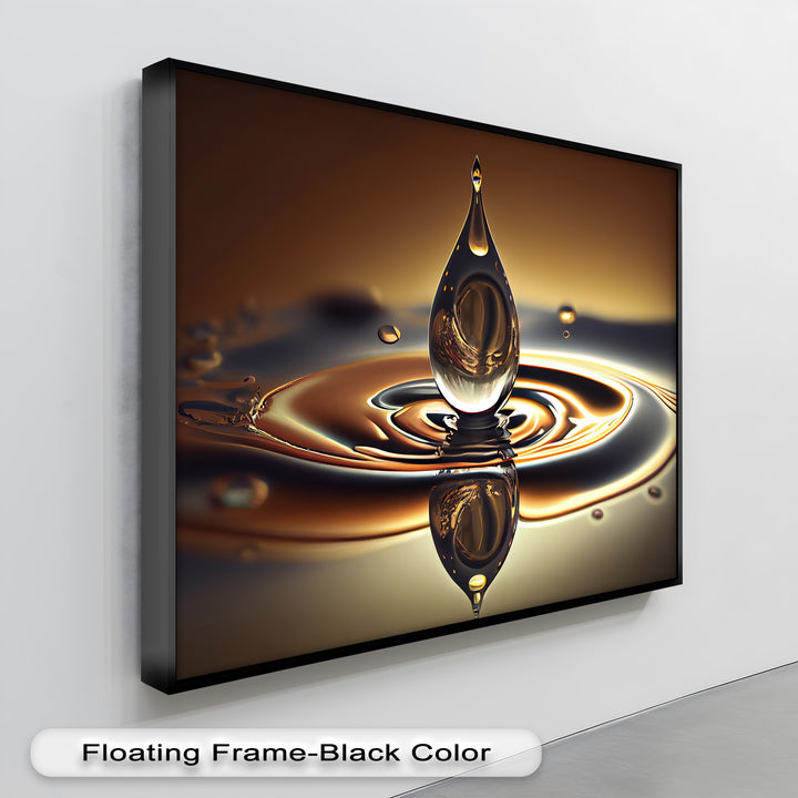 The finish of this hanging canvas emphasizes the glossy golden water drop and captivating abstract ripple wall art.