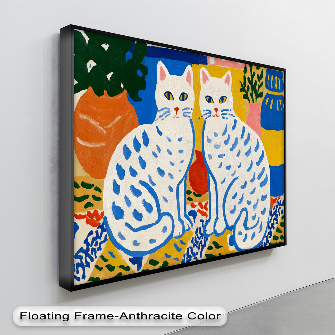 Brightest whites define these decorative cats in this folk art canvas artwork, a playful Scandinavian canvas print bringing artistic flair to your space.