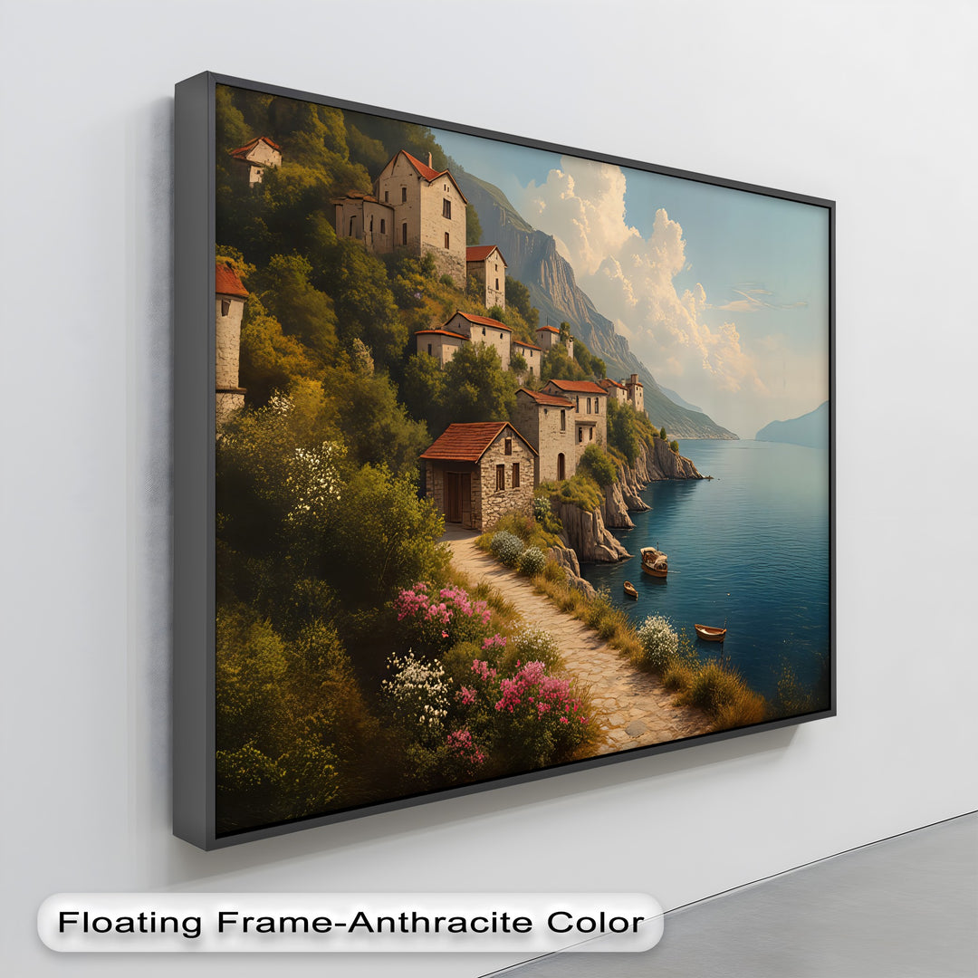 Cliffside Village Serenity – Mediterranean Coastal Canvas Wall Art | Framed Art