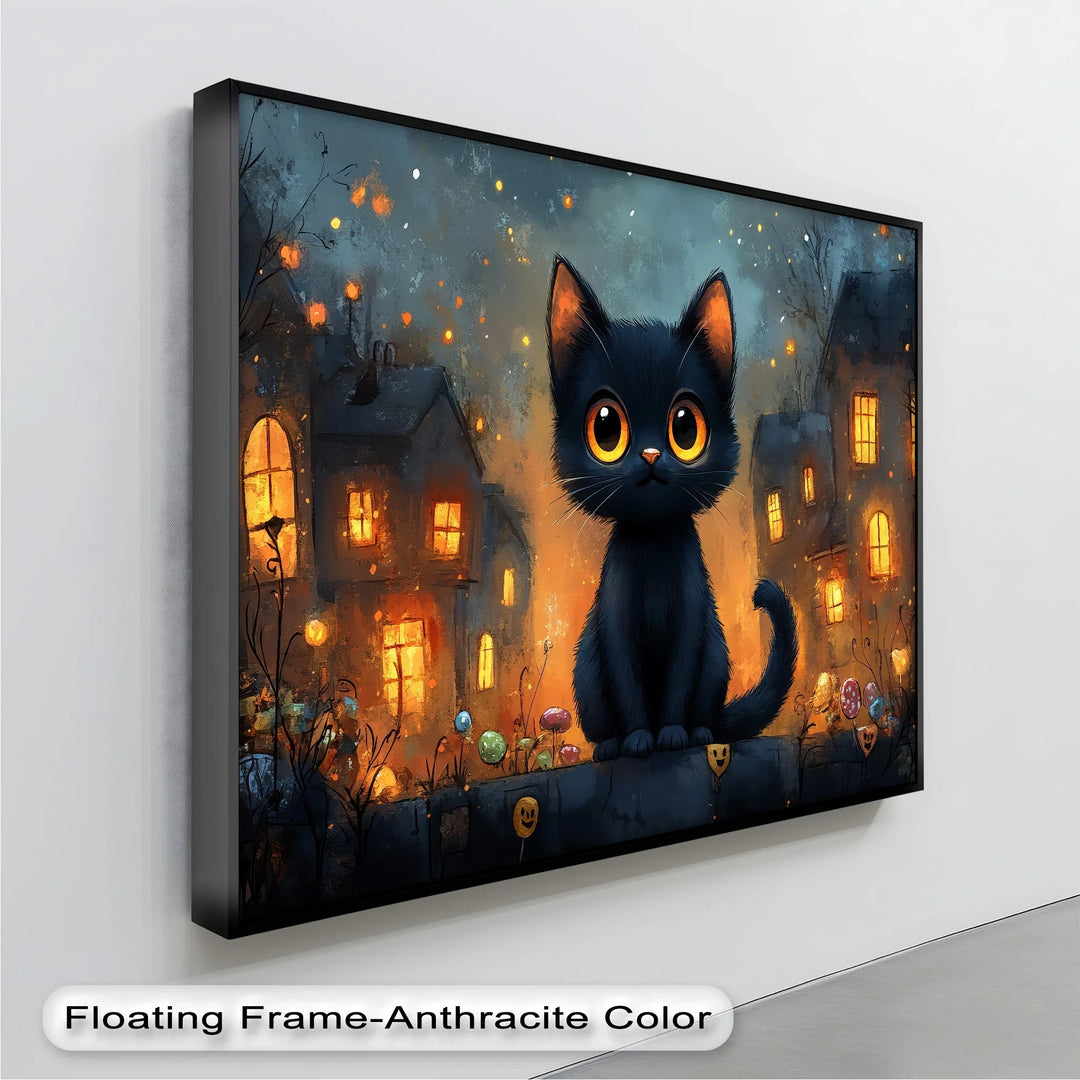 Big-Eyed Black Kitten in a Halloween Town - Cat Canvas Print - MyPhotoStation