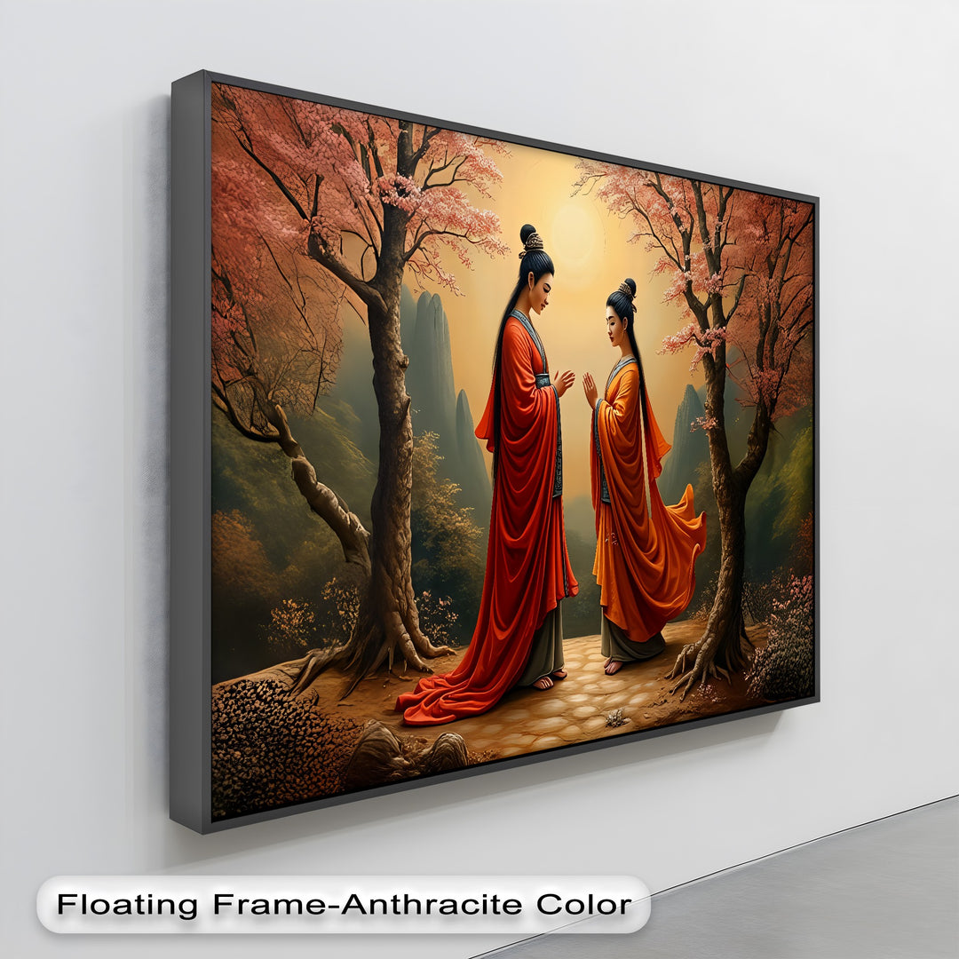 Harmony Under the Blossoms – Oriental Couple Canvas Wall Art | Framed Art