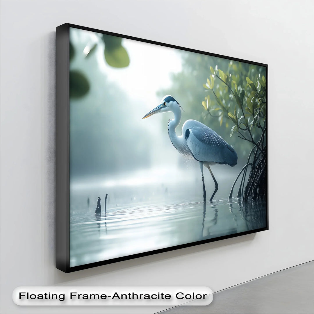 Grace in the Mist – nature-inspired canvas print with serene heron.

