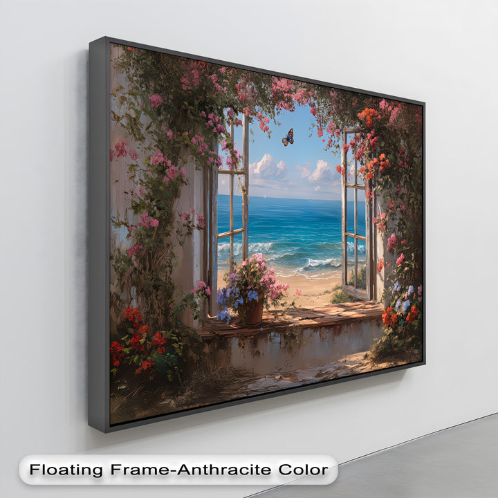 Blossoms by the Sea – Open Window Beach View Canvas Print