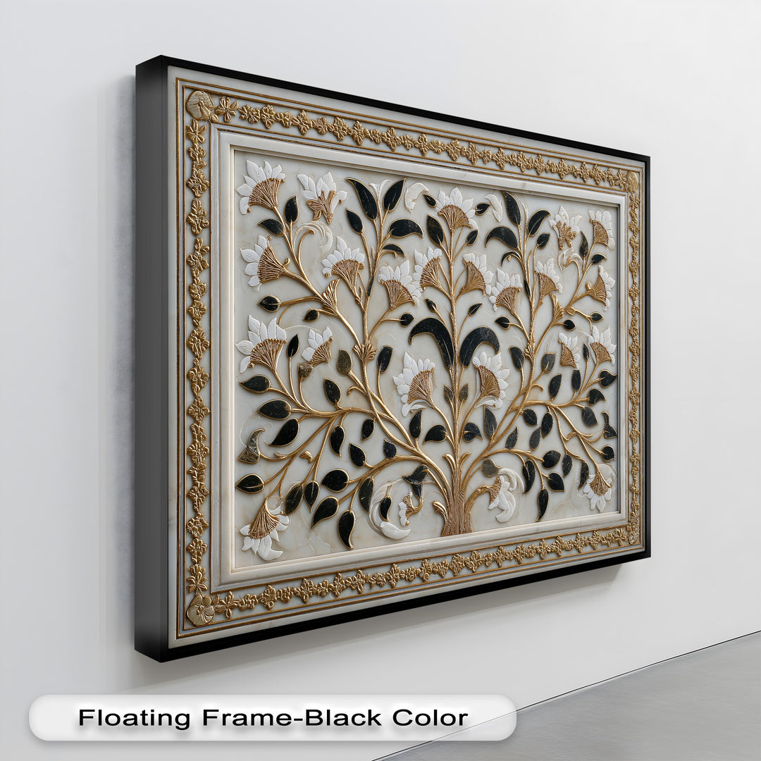 A horizontal rectangular unique canvas print features an elegant gold botanical floral ornament, framed in a sleek black floating design.