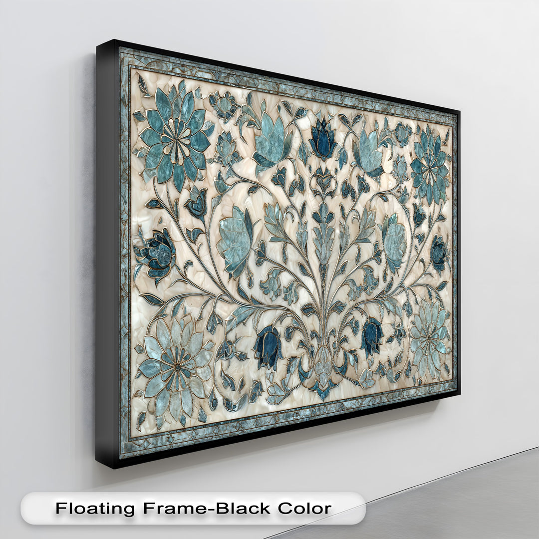 The stillness within these elegant canvas art prints highlights intricate teal floral ornaments and graceful vines against a serene, creamy backdrop.