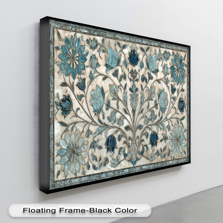 The stillness within these elegant canvas art prints highlights intricate teal floral ornaments and graceful vines against a serene, creamy backdrop.