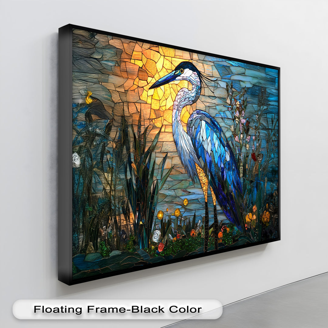 Contrasting vibrant blue feathers of a heron against a warm, luminous stained glass sunset in this high quality canvas print.
