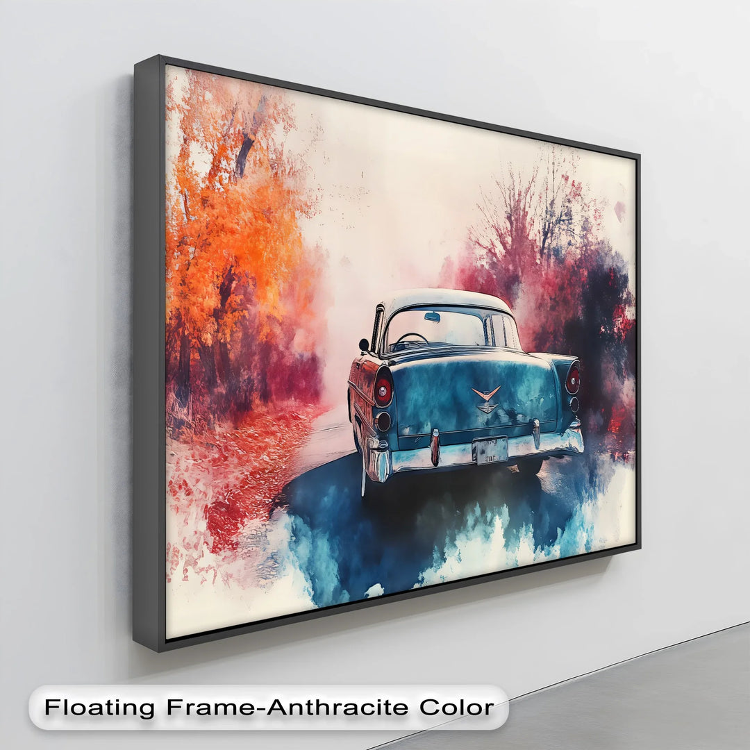 Retro Teal Classic Car Surrounded by Autumn Haze – Car Canvas Print