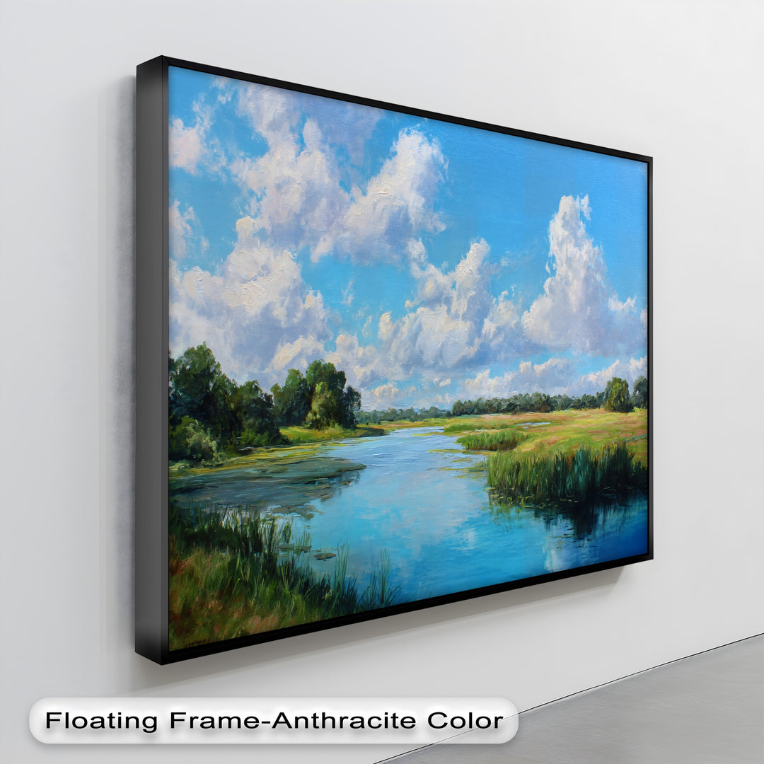 The interplay of light and shadow accentuates the serene hanging canvas of a peaceful river landscape, highlighting the water reflections and lush greenery in this nature scene.