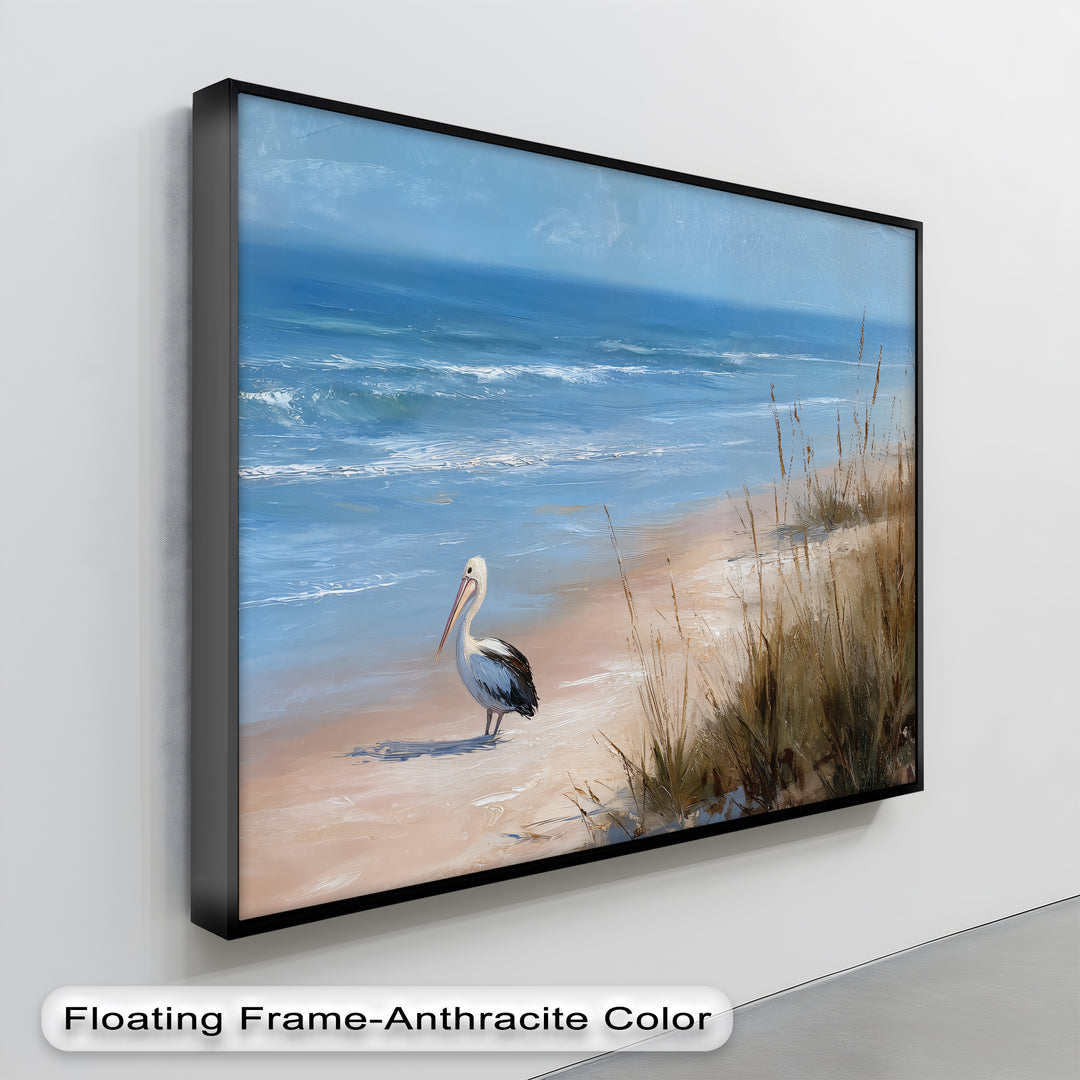 Blending hues define this high quality canvas prints artwork, showing the coastal pelican beach canvas print where ocean blue merges into the sandy shoreline.