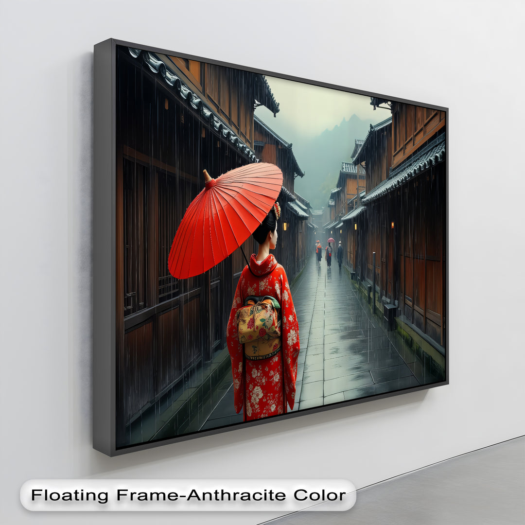 Geisha in the Rain – Japanese Street Scene Canvas Wall Art | Large Canvas