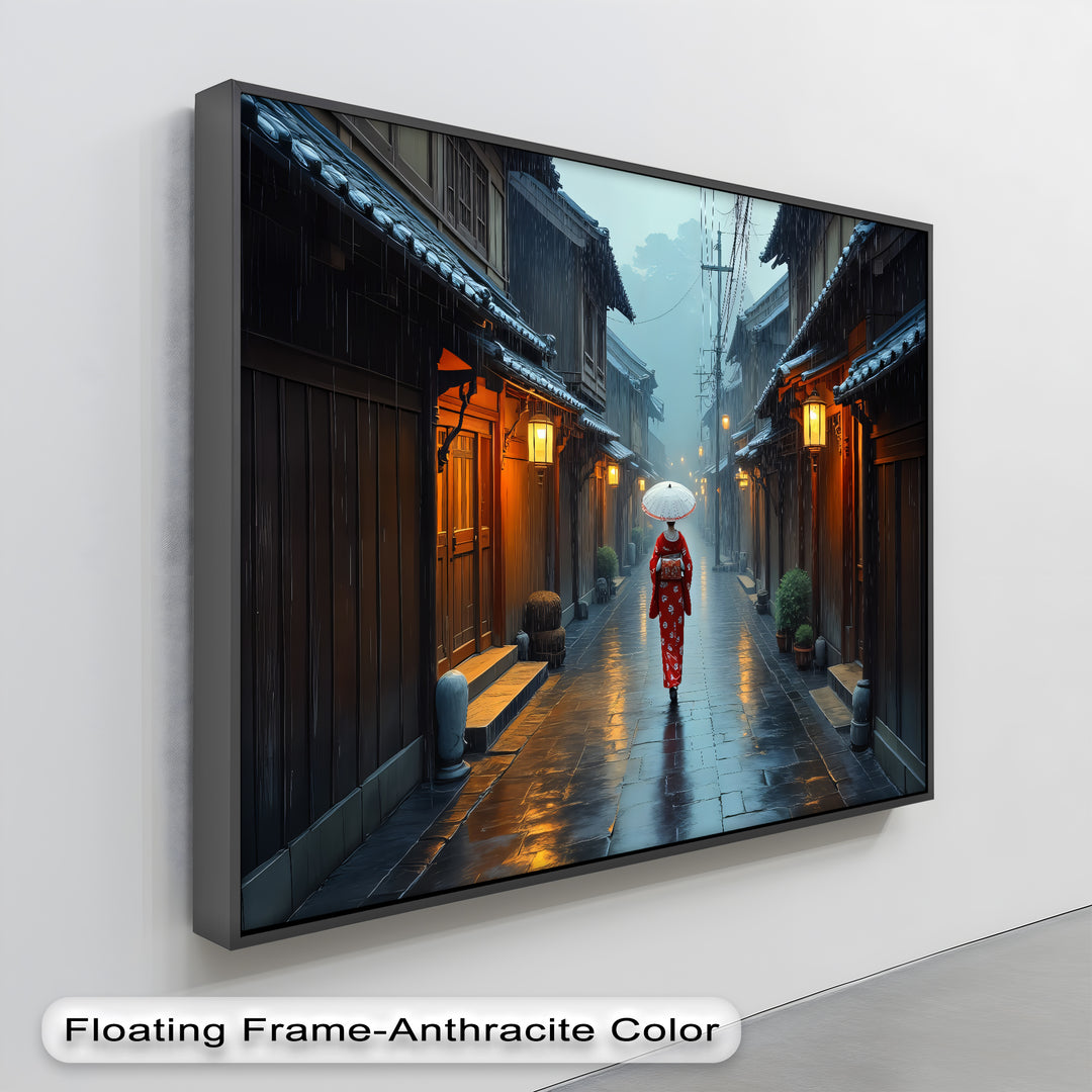 Geisha in Kyoto Rain – Japanese Street Canvas Wall Art | Framed Canvas
