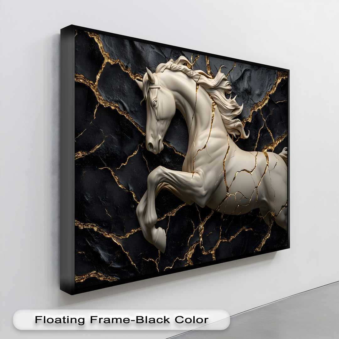 Organic forms of a sculptural white horse, detailed with fractured gold veins on a textured black background, define this elegant hanging canvas art.