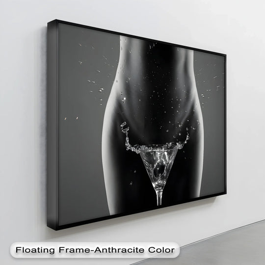 Highlighting the abstract quality, this liquid temptation canvas artwork features a surreal female form with splash art, showcasing captivating details within the canvas artwork.