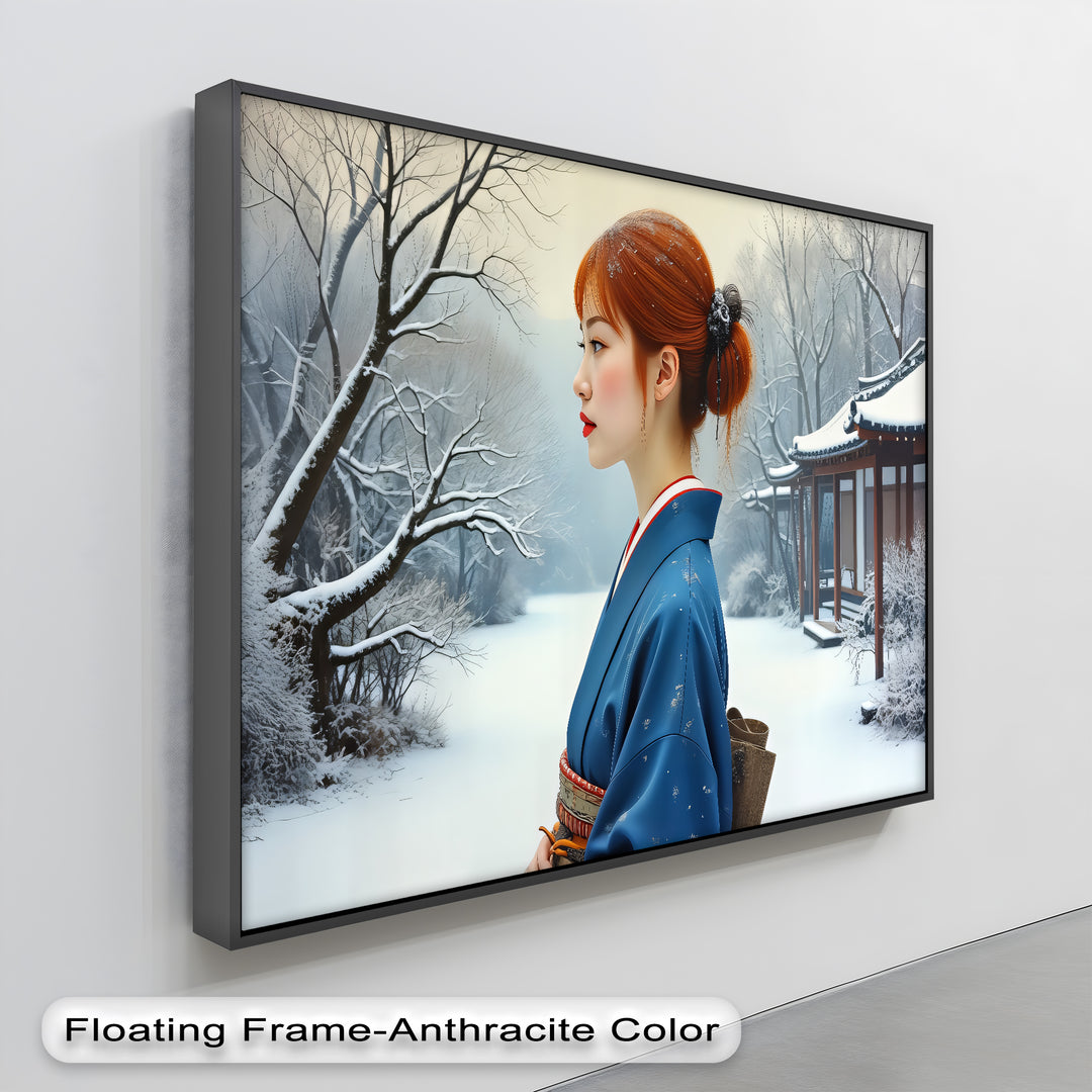 Geisha in Snow Garden – Japanese Kimono Canvas Wall Art | Framed Art