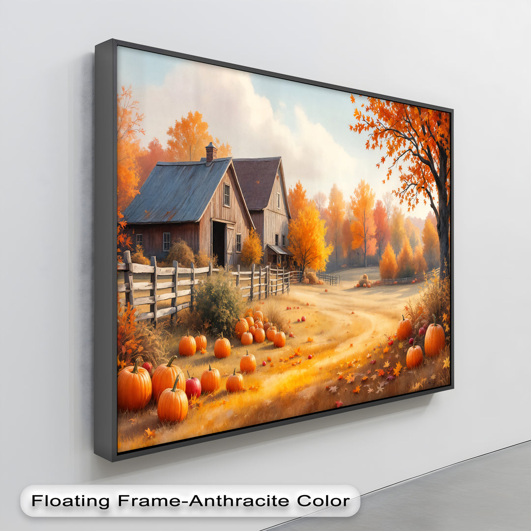 Golden Harvest Barn – Farmhouse Pumpkin Canvas Wall Art | Framed Art