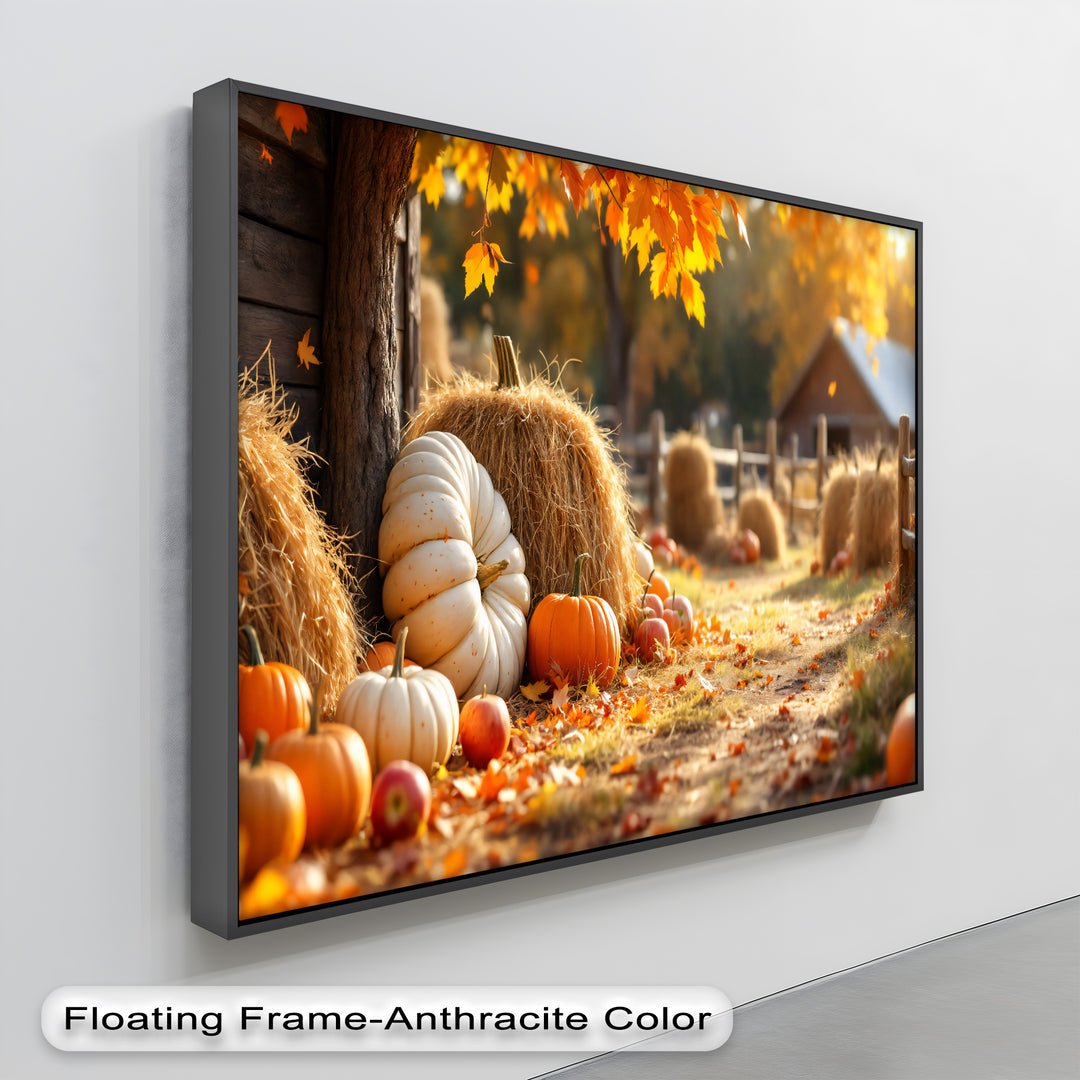 Autumn Harvest – Pumpkin and Haystack Canvas Wall Art | Framed Art