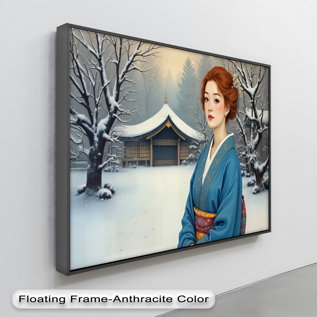 Geisha in Winter Serenity – Japanese Kimono Canvas Wall Art | Framed Canvas
