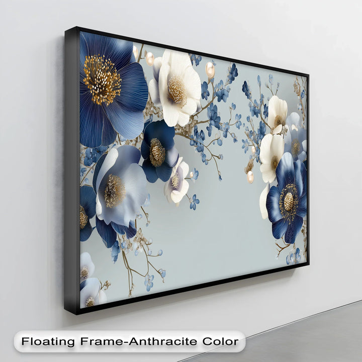 Blue and Ivory Elegance – Floral Fantasy with Pearls Canvas Print - MyPhotoStation