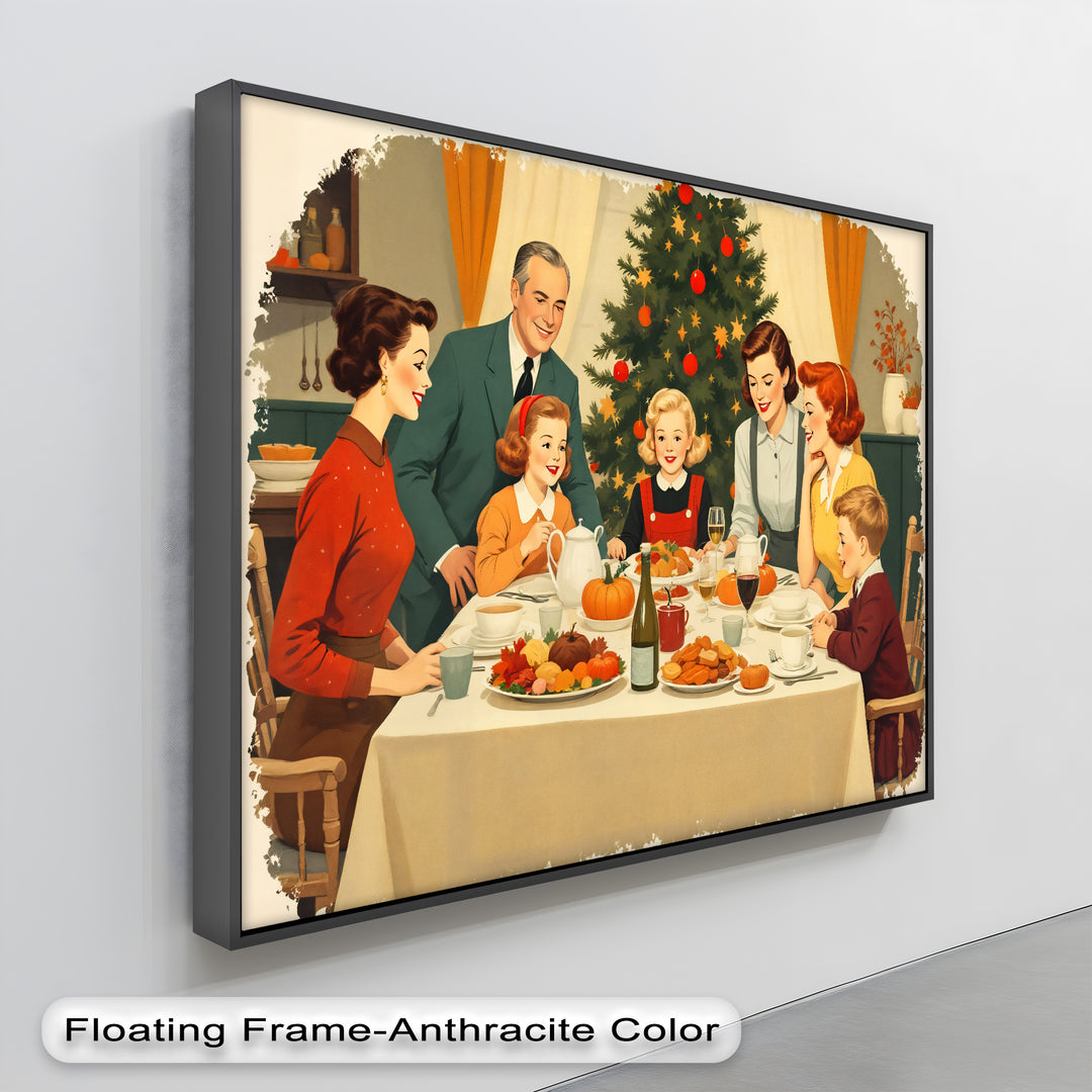 Retro Family Christmas Dinner Canvas Wall Art | Large Canvas