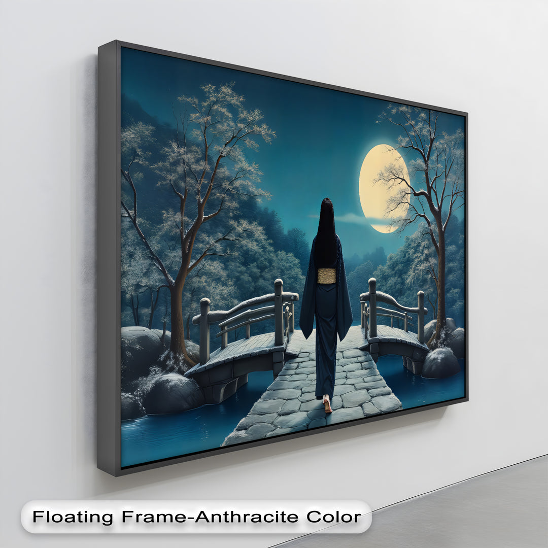 Moonlit Elegance – Japanese Geisha on Bridge Canvas Wall Art | Canvas Art