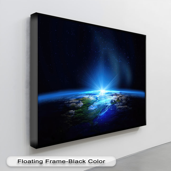 Rectangular premium canvas decor displays a curved Earth, its horizon emitting linear light rays against a starry, dark expanse.