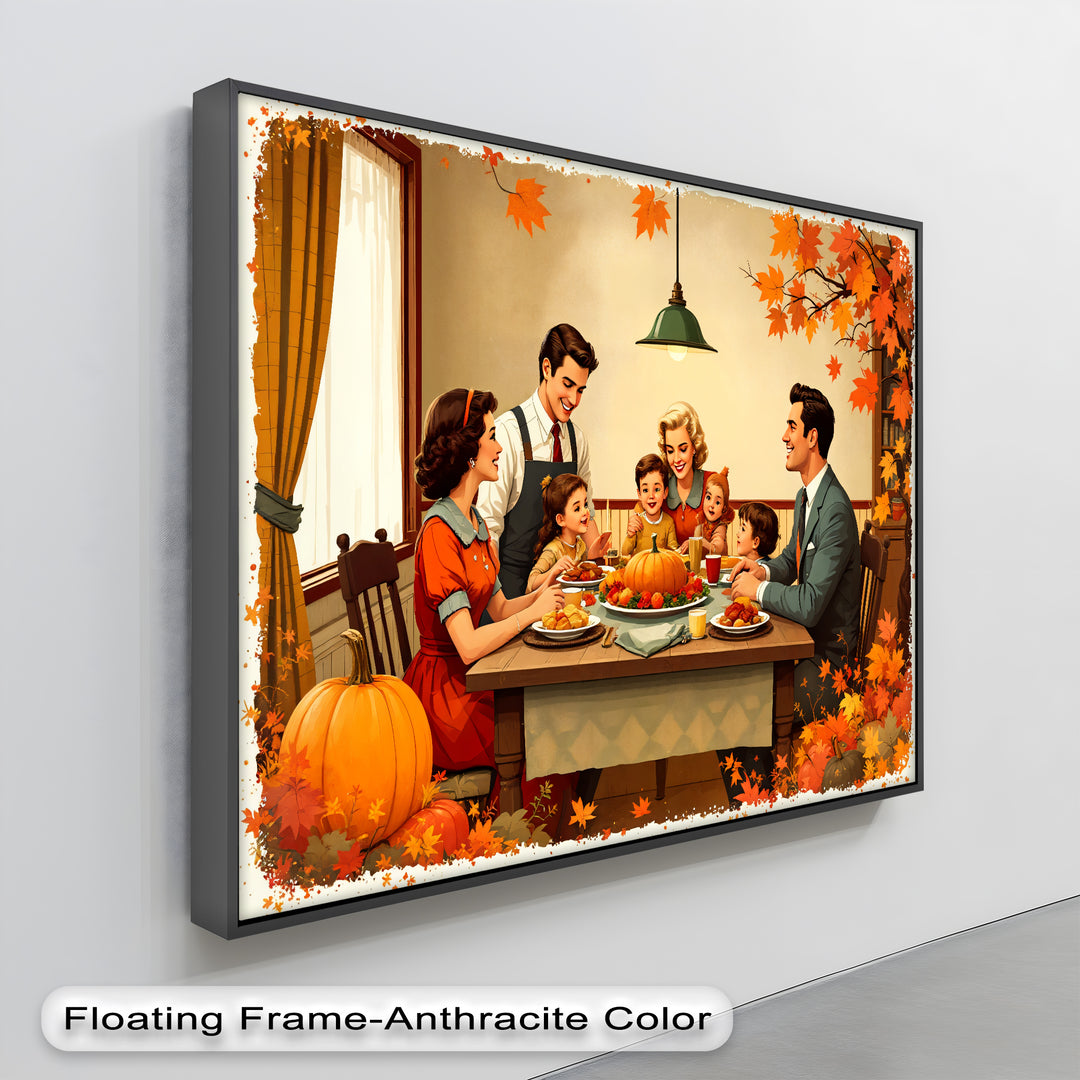 Autumn Gathering – Retro Thanksgiving Dinner Canvas Wall Art | Large Canvas