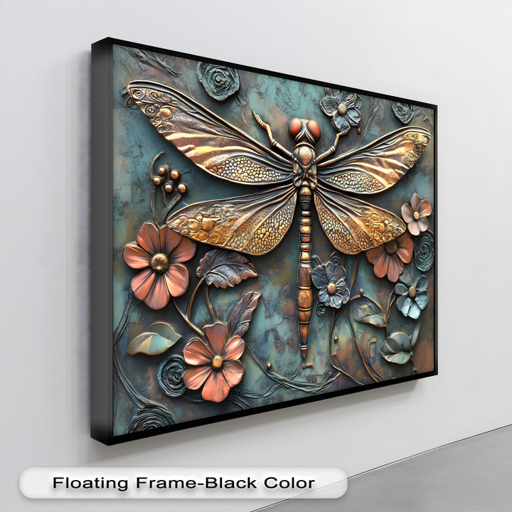 Evoking a serene ambiance, this elegant Dragonfly Floral Canvas Print showcases intricate 3D-style nature wall art, making it sophisticated canvas wall decor.